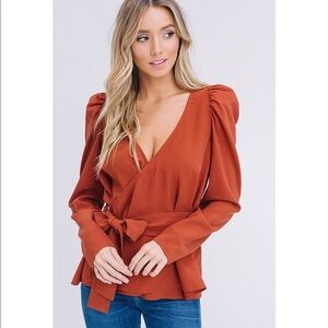 Brick V-Neck Wrap Puff Shoulder Top